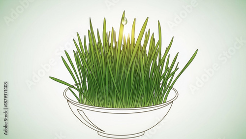 Fresh green wheatgrass growing in a bowl healthy lifestyle concept with a water drop and sunlight isolated on a light background