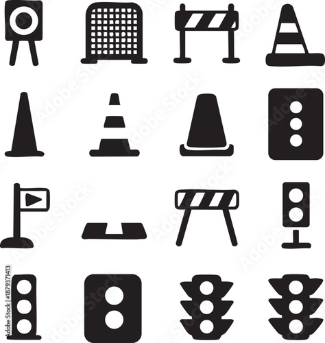 Collection of traffic and road safety icons including barriers cones signs and signals