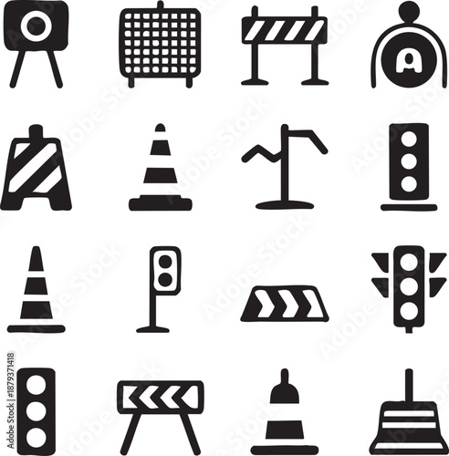 Collection of traffic and road construction icons including barriers signs and signals