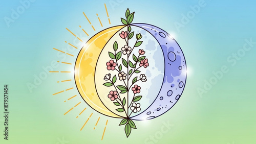 Dualistic celestial body with sun and moon halves blooming plant in the center representing duality nature and balance ideal for spiritual or astrological concepts