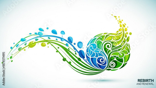 Abstract swirling yin yang symbol with water and leaf elements representing balance and natures cycle perfect for eco-friendly concepts and design