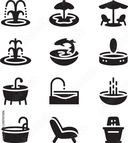 Collection of various fountain icons representing different styles and designs for outdoor and indoor settings