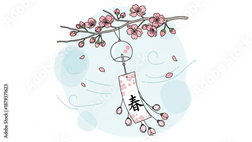 Japanese wind chime with cherry blossoms and falling petals traditional spring decoration for cultural events and seasonal greetings isolated on white
