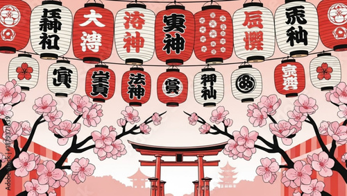 Traditional Japanese lanterns and cherry blossoms a vibrant cultural illustration for travel and festival themes set against a temple background