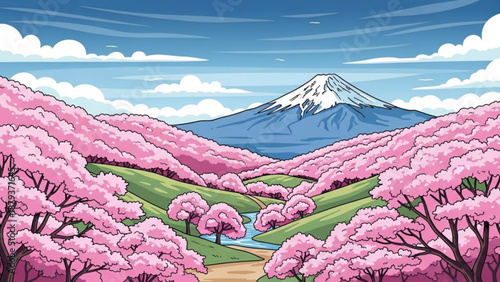 Majestic Mount Fuji vista with vibrant cherry blossoms in full bloom a scenic Japanese landscape illustration for travel and nature themes