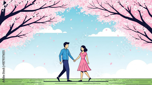 Couple holding hands under blooming cherry blossom trees representing spring romance and outdoor leisure flat vector illustration