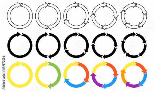 vector illustration circular arrows.circling arrow icon set with rotation loops, and continuous direction symbols in thin,outline, solid, and colorful styles for infographic, teamwork, business