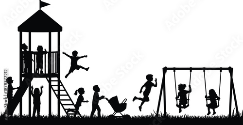Silhouette of children playing on a playground with slide, swings, tower, and stroller in a lively outdoor park setting.