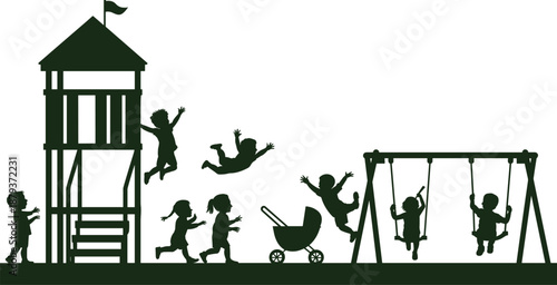 Children playground silhouette illustration with kids playing on swings, tower slide and stroller, representing childhood fun, activity, freedom, and outdoor play
