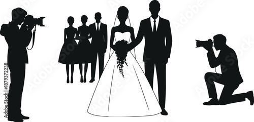 Silhouette of bride, groom, bridesmaids, and photographers during a traditional wedding portrait session in elegant black and white composition.