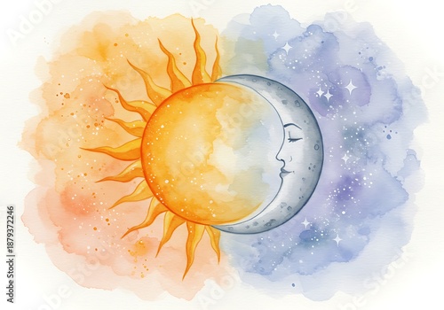 水彩の太陽と月：相反する輝き