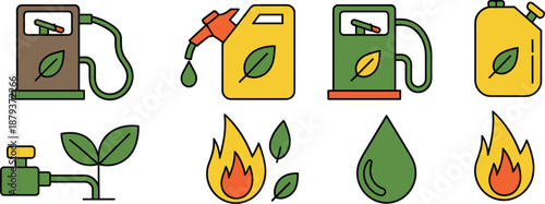 Stylized biofuel and renewable energy icons featuring eco-friendly fuel pumps, containers, flames, and green drops for sustainable energy illustrations.