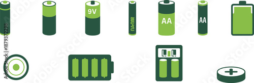 Stylized battery icons showing various types, sizes, and charging components for energy storage, electronics, and power supply illustrations.