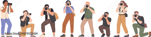 Photographers Taking Pictures Illustration Set, Professional and Amateur People with Cameras in Different Poses for Media, Journalism, Events, Creative Industry, and Digital Design