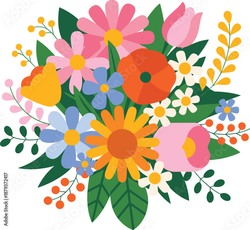 Colorful Floral Bouquet Illustration, Bright Spring and Summer Flowers Arrangement in Flat Style for Greeting Cards, Wedding Design, Branding, Wall Art, and Digital Graphics