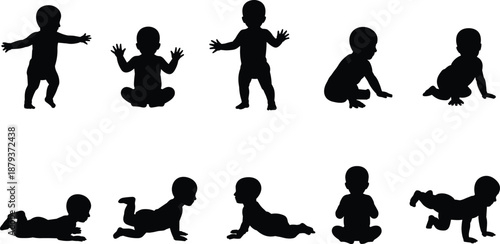 Baby activity and development stages silhouette vector illustration, infant crawling sitting standing playing poses collection isolated on white background for childhood growth