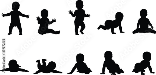 Baby development and activity poses silhouette vector illustration, infant crawling sitting standing playing movements collection isolated on white background for childhood growth