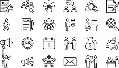 Human resources line icons set recruitment hiring resume teamwork communication employee management career business office workflow flat vector illustration