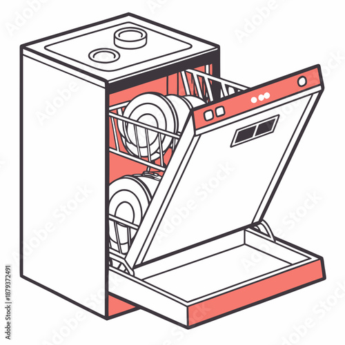 Illustrated dishwasher with open door