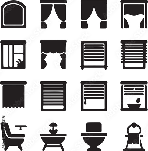 Set of black and white icons depicting various window treatments and home decor items suitable for interior design projects