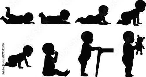 Baby growth stages silhouette set showing infant crawling sitting standing and playing, early childhood development concept, black vector illustration isolated on white