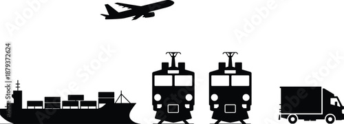 Silhouette icons of global transportation modes including cargo ship, airplane, trains, and delivery truck for logistics and travel infrastructure themes.