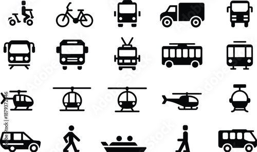 Silhouette grid of diverse transportation icons including scooter, bicycle, bus, helicopter, tram, boat, and walking figures.