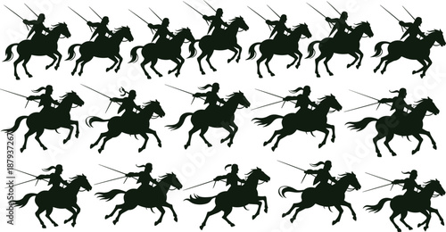 Silhouette pattern of mounted warriors holding spears in dynamic battle poses, arranged in rows for historical or fantasy design themes.
