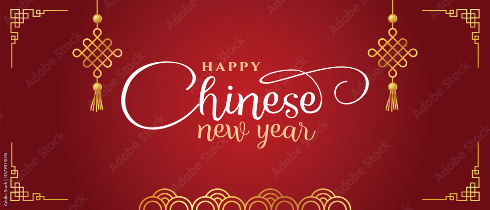 Naklejka premium chinese new year 2026 . vector abstract web banner with tradition symbols, asian knot, chinese flower, red background in modern illustration