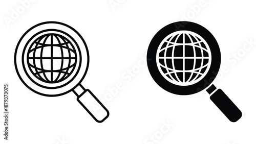 Magnifying glass examining globe icon set