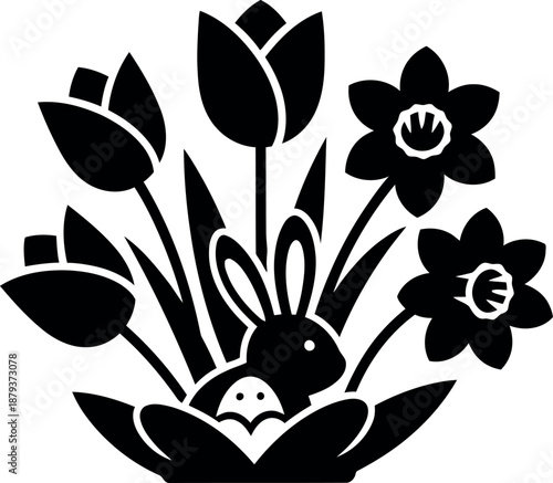 Happy easter sunday greeting with easter bunny and spring flowers