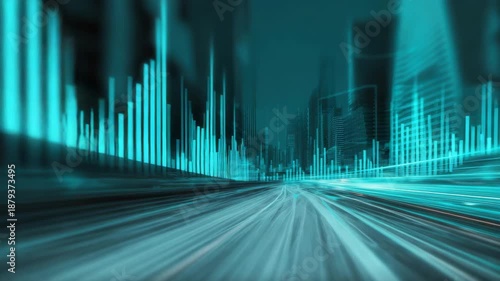 Futuristic city skyline turquoise light trail motion blur abstract data visualization speed perspective dynamic urban night neon cityscape digital waveform perspective turquoise color speed concept