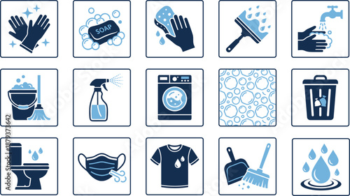 Hygiene cleaning icons set handwashing soap disinfecting sanitation laundry household cleaning tools flat vector illustration for health safety awareness