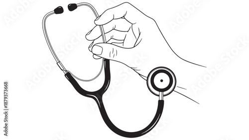 Hand holding stethoscope icon for clinical examination, healthcare services, medical practice management and health insurance business vector illustration
