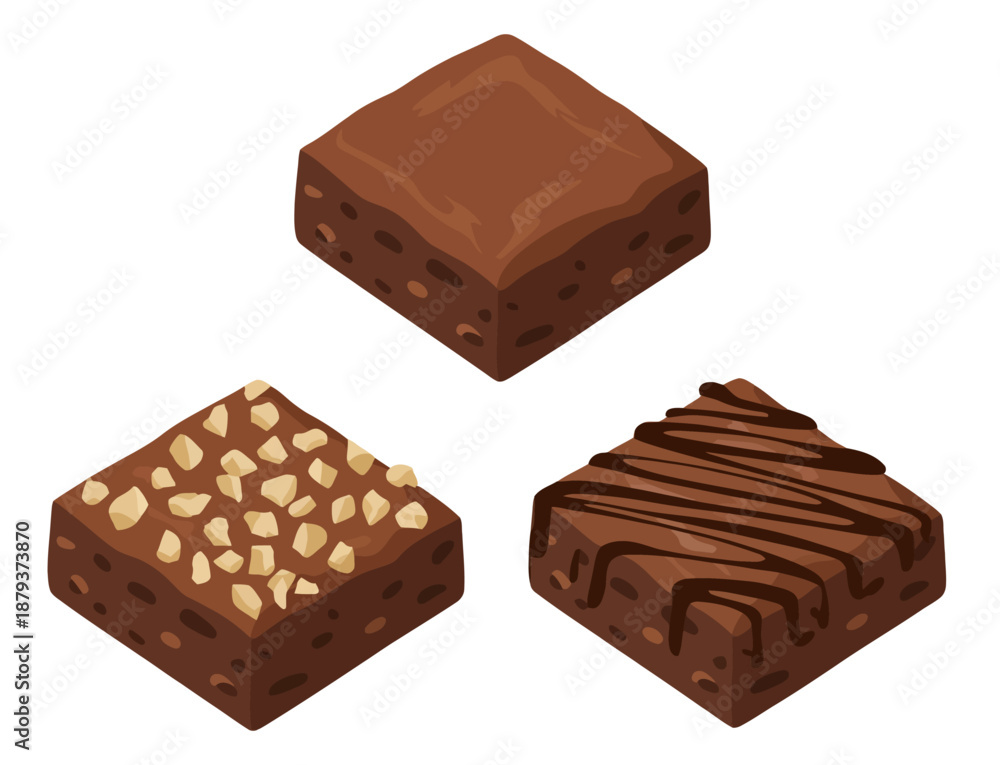Fototapeta premium Isometric chocolate brownies plain with nuts and drizzled with chocolate dessert sweet