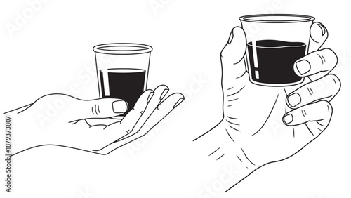 Hands presenting medication dosing cups icon for oral liquid medication, pharmacy dispensing, dose tracking and pharmaceutical operations vector illustration