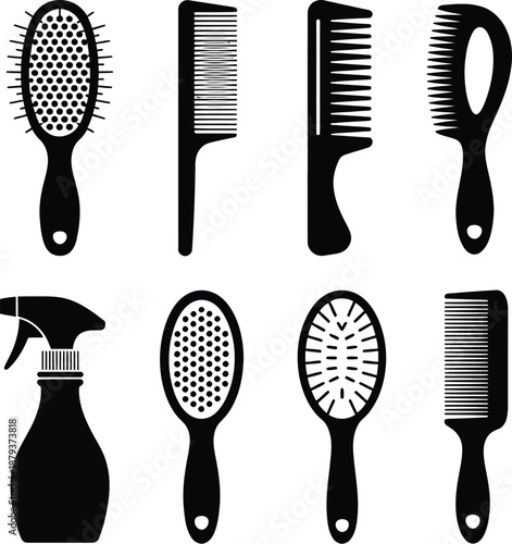 Black silhouettes of hairbrushes and combs with a spray bottle