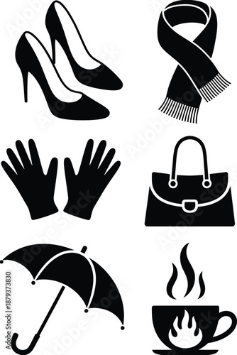 Black silhouettes of heels scarf gloves handbag umbrella and steaming cup
