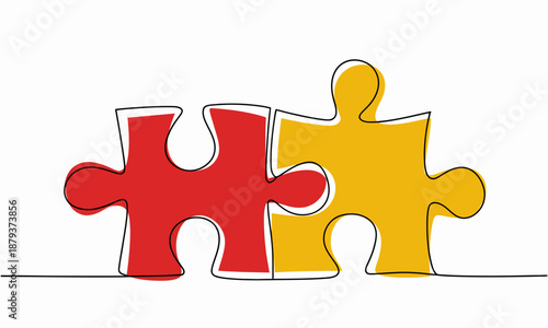 Interlocking puzzle pieces red yellow with black outline connection teamwork