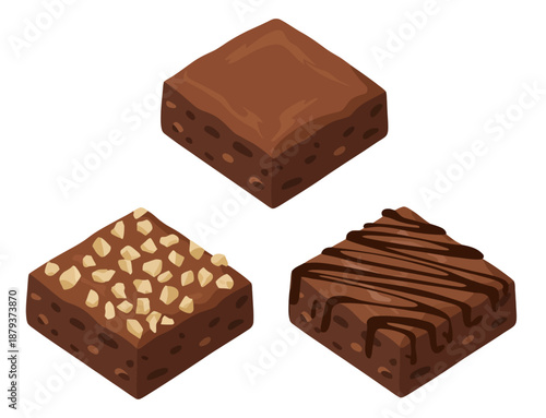 Isometric chocolate brownies plain with nuts and drizzled with chocolate dessert sweet