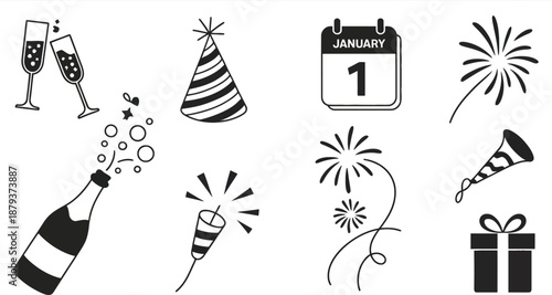 New Year's celebration including champagne bottle and glasses, party hat, fireworks, horn, gift, and calendar January 1