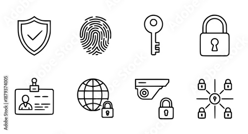 Set of security and protection including shield fingerprint key padlock identification card globe and camera