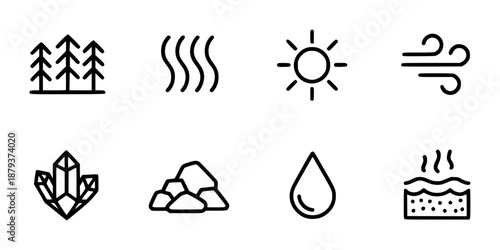 Set of simple black representing natural and phenomena nature trees