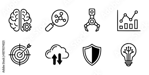 Set of simple black representing concepts like brain, science, technology, data, and security gear molecule