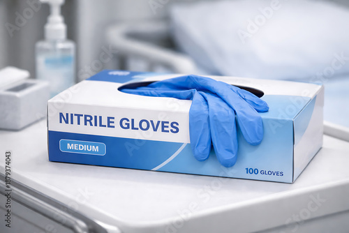 Box of nitrile gloves on clinical counter, disposable ppe packaging, infection control supplies and procurement stock for hospital safety programs