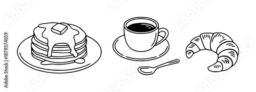 Stack of pancakes with butter and syrup next to a coffee cup and croissant with spoon breakfast food
