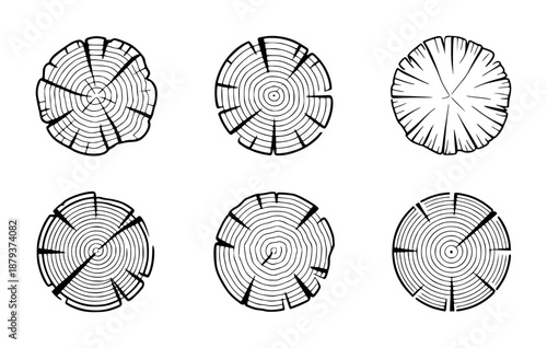 Stylized black and white wood log cross sections with visible growth rings and bark texture tree