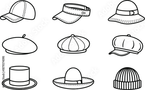 Various hats and caps in black outline white headwear