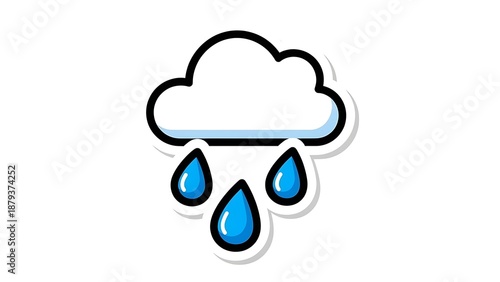 A cute cartoon sticker illustration of a white cloud with three bright blue raindrops falling.