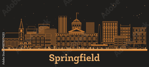Outline Springfield Illinois City Skyline with orange Buildings. Illustration. Business Travel and Concept with Modern Architecture. Springfield USA Cityscape with Landmarks.